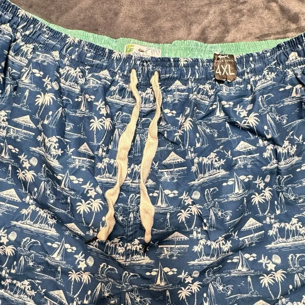 SPICY TUNA Sz 4XL Sailboat Surf Ocean Beach Life Palm Tree Swim Trunk Drawstring